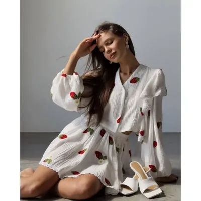 Haut à simple boutonnage pour femme, manches lanterne, volants, col en V, mini jupe taille haute, coton, lin imprimé