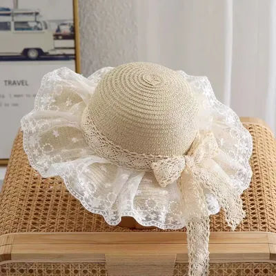 Chapeau de paille d'été pour bébé fille, couleur unie, avec dentelle et volants, casquette de pêcheur pour enfants, chapeau de plage d'extérieur, chapeau de soleil à large bord