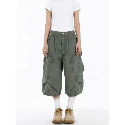 ZHIZOU – short en jean cargo vert rétro américain pour femmes, style Y2K années 2000, denim Harajuku, longueur mollet, streetwear, mode urbaine