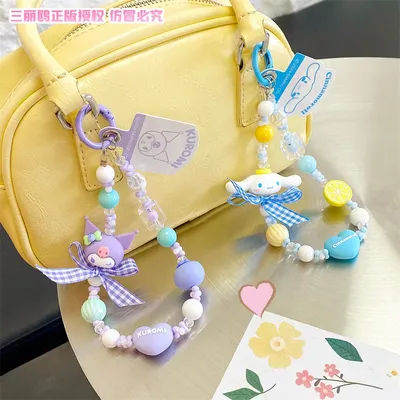 Sanrio Cartoon Kuromi Hello Kitty Pochacco Melody Pendant Keychain Keyring Action Figures Phone Chain Strap Bead Chain Gifts