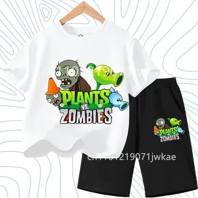 Ensemble t-shirt à manches courtes pour enfants Plants Vs. Zombies, en coton, mode d'été, haut + pantalon confortables pour garçons et filles