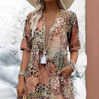 European Floral Lace Trim Dress - V-Neck Short Sleeve New Arrival, Fashion Women's Summer Dress