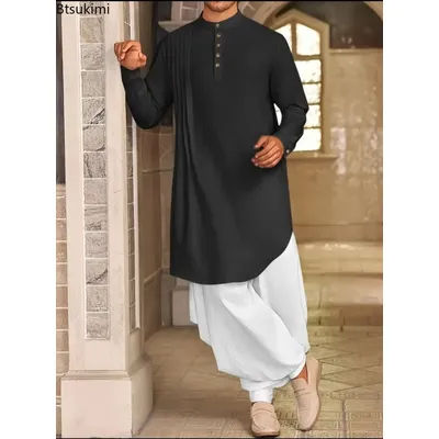 Fashion New Men's Muslim Shirts Stand Collar Pullover Kaftan Solid Robe Men Jubba Thobe Pakistan Caftan Arabic Islamic Clothing