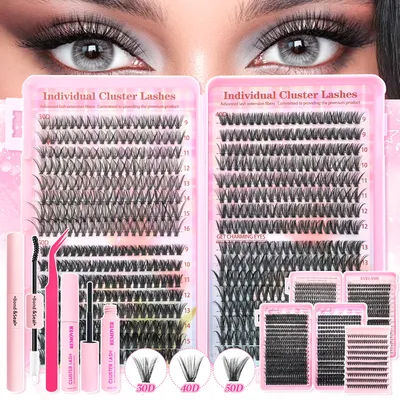 160/640/720pcs DIY Eyelash Extension Kit - False Lashes with Glue, Bond & Applicator, Pre-Made Clusters (10-18mm) for Volume
