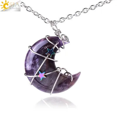 CSJA Crystal Crescent Moon and Star Pendant Necklace Healing Natural Stone Pink Quartz Chakra Necklaces for Women Jewelry H010