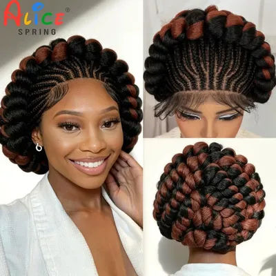 Cornrow Braided Wigs Synthetic Full Lace Colored Bantu Braided Wigs Natural Knotless Braids Wigs with Baby Hair for Black Women