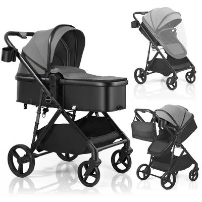 2 in 1 Baby Pushchair, Foldable Travel System Pram with Reversible Seat, Adjustable Canopy, Storage Basket for 0-36 Months