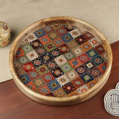 'Handmade Mango Wood Tray with Resin-Coated Mandala Pattern'
