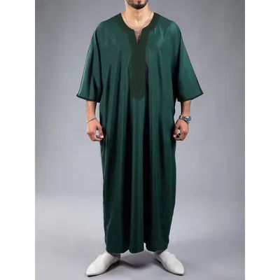 2025 Ramadan Middle East Solid Color Muslim Half Sleeve Embroidery Ethnic Style Morocco Men'S Robe