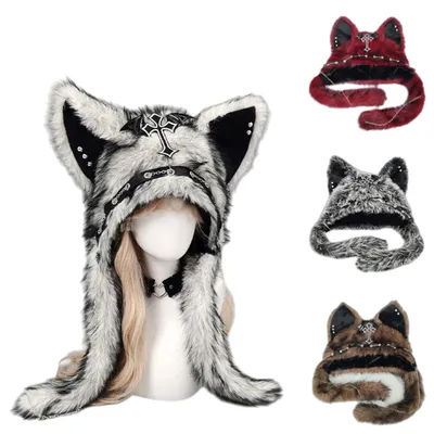 Chapeaux en peluche de personnalité chaude d'hiver, bonnet d'halloween avec oreilles de chat, casquettes à longue queue pour femmes, chapeau unisexe Punk Rock, Protection des oreilles, capuche de tête