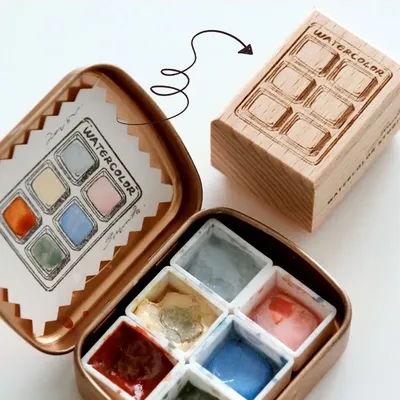 6 Grid Watercolor Color Card Wooden Stamp Paint Swatch Seal Student Art Supplies for Color Testing DIY Craft Tools