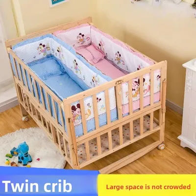 Movable Twin Crib, Can Be Combined with A Large Bed, Solid Wood Baby/baby Multi-functional Double Newborn Cradle Bed