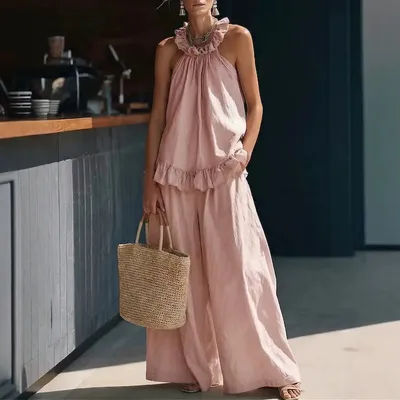 Ensemble 2 pièces Halter à volants pour femme : Haut ample sans manches et pantalon taille haute à jambes larges – Tenue décontractée pour les vacances, style streetwear