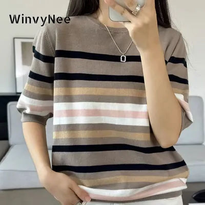 WinvyNee été femmes 100% coton t-shirts hauts à manches courtes col rond rayé chandails décontracté basique femme hauts pullover A 1002028