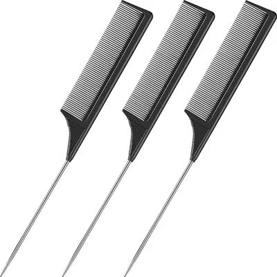 3 Packs Rat Tail Comb Steel Pin Rat Tail Carbon Fiber Heat Resistant Teasing Combs with Stainless Steel Pintail