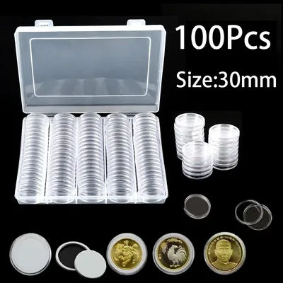 100Pcs 30mm Clear Coin Capsule Holder Case Transparent Commemorative Collectable Coin Storage Box Collection Supplies