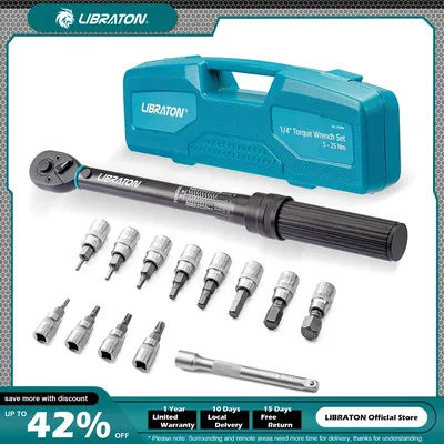 Bike Torque Wrench 1/4'', 5-25Nm, 0.1Nm Micro, Drive Click Torque Wrench Set, Hex, Torx/Star Bit Sockets, Extension Bar