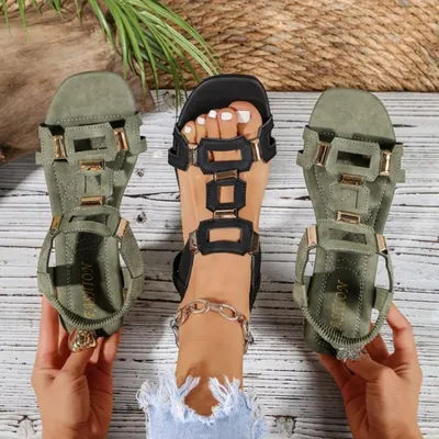 Sandales Femme Été Style Gladiateur Romain en Daim Vert Olive avec Strass Talon Bas Carré Sexy pour Soirée et Plage Nouveauté 2026