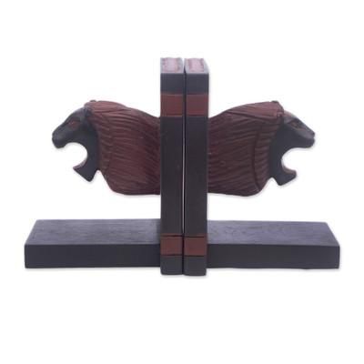 Lion Bounds,'Lion-Themed Rustic Bookends Hand-Carved from Sese Wood'