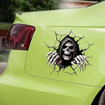 2 adesivi 3D per auto con mietitore - spaventosa decorazione esterna per auto con teschio scheletrico - adesivi per auto spettrali e impermeabili per Halloween, per SUV, camion, carrozzeria,