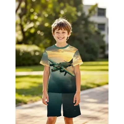 Ensemble t-shirt et short imprimé crocodile, avion et coucher de soleil pour garçon, vêtements de sport vert naturel pour enfants, adaptés aux cadeaux d'anniversaire