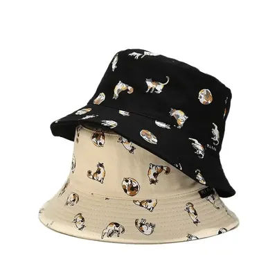 Chapeau Bob en Coton Brodé Chat Cartoon Quatre Saisons, Chapeau de Pêcheur, Casquette de Soleil pour Voyage en Plein Air pour Hommes et Femmes
