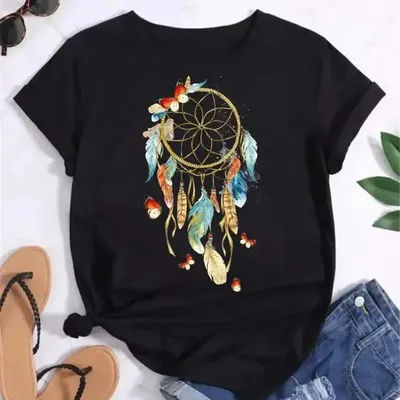 Grande taille femmes été à manches courtes capteur de rêves plume mode impression dame T-shirts chemise haute dames femmes graphique t-shirt haut