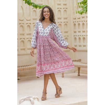 'Floral and Peacock-Themed Pink and Blue Cotton Midi Dress'