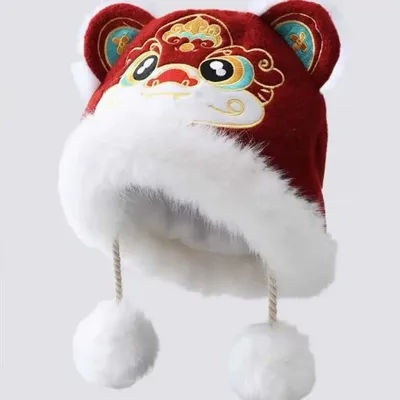 Cache-oreilles créatifs pour enfants, chapeau de danse du Lion, Style chinois, casquette rouge épaisse pour nouvel an, bonnets en peluche doux et mignons pour l'extérieur