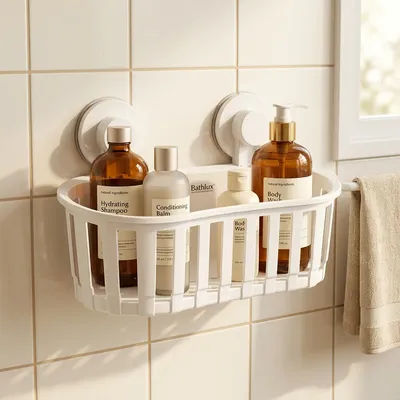 BATHLUX Suction Cup Shower Caddy No Drill Wall Mount Bathroom Storage Basket Removable Large Capacity Shower Shelf Organizer