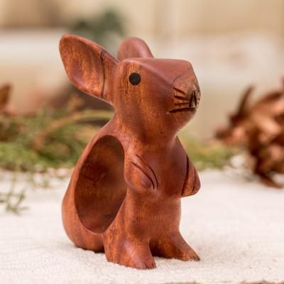 'Bunny-Themed Mahogany Wood Figurine Handmade in Guatemala'