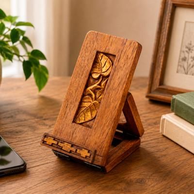 'Nature-Inspired Golden and Brown Jempinis Wood Phone Holder'