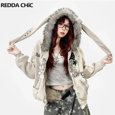 REDDACHiC – veste à capuche avec fermeture éclair, graphique, oreilles de lapin, doublure polaire, haut surdimensionné, Harajuku Y2k, vêtements pour femmes