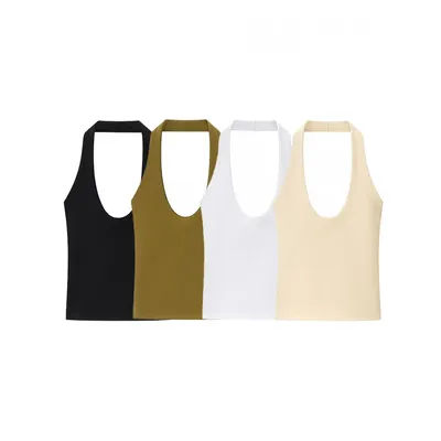 HH femmes été nouveaux hauts à la mode solide licou cou sans manches dos nu haut cubique femme Sexy mince haut court 4 couleurs