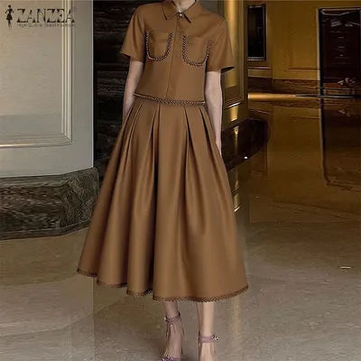 ZANZEA Ensemble jupe et haut à manches courtes avec bordure en dentelle, haut court et jupe midi évasée, 2 pièces, tenues élégantes pour femmes, vêtements pour femmes, 3XL