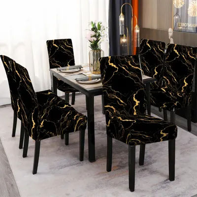 4/6pcs Elastic chair cover Black Gold Marble Pattern Stretch Dining Room Seat Protector Universal Fit Furniture Covers Decor