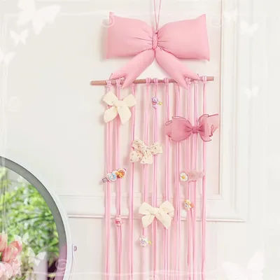 Big Bow Hair Accessory Organizer Wooden Stick Ornament for Hair Clip Cute Hanging Display Rack for Girls Bedroom Nursery