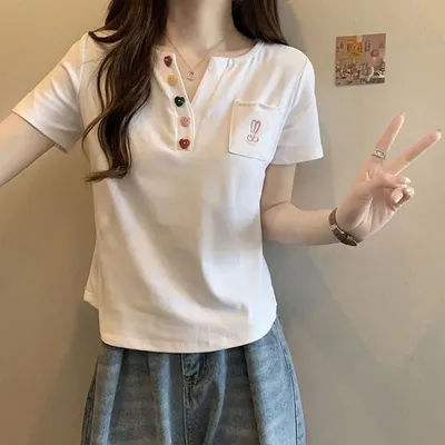 T-shirt basique à boutons pour femme, mode décontractée d'été, avec poches lapin, manches courtes, haut polyvalent Y2K