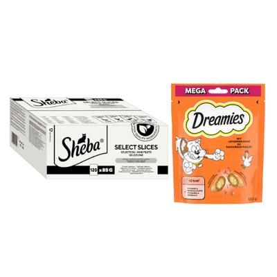 32 x 85 g / 120 x 85 g Sheba Umido + 180 g Dreamies Catisfactions Snack Pollo gratis! - 120 x 85 g Selezione delicata in salsa (pollame)