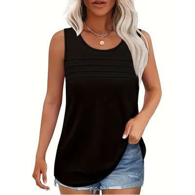 Haut décontracté sans manches pour femme, grande taille, avec devant plissé et tissu doux, parfait pour le confort estival