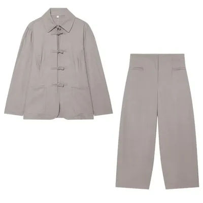 Ensemble pantalon femme 2026 Nouveauté Col revers Manches longues Haut à nœud Pantalon taille mi-haute coupe ballon Mode Décontracté Ensemble 2 pièces