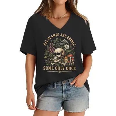 T-shirt à col en v avec motif de crâne de fleur Vintage, t-shirt à manches courtes pour femmes, t-shirts pour amoureuses des plantes, « toutes les plantes sont comestibles, certaines seulement une