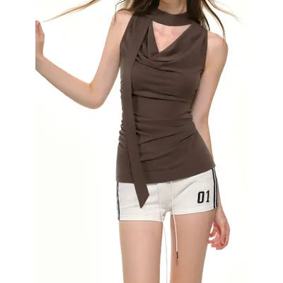Haut Halter Drapé pour Femme avec Ruban, Gilet Sans Manches Amincissant, Style Y2K, Tendance Été pour Filles