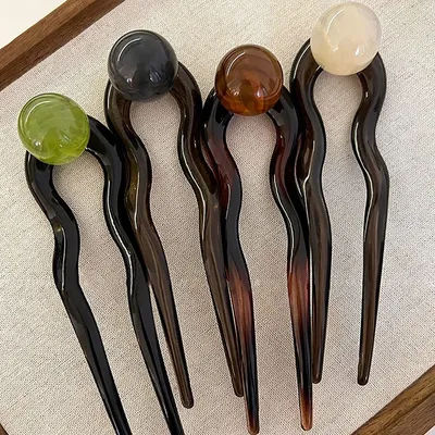 2 Pieces Set Fashion Colored Pearl U-Shaped Hairpin Trendy Acrylic Geometric Headwear for Women Girls Hair Accessories