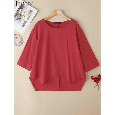 ZANZEA femme haut-bas Blusas Mujer décontracté ample ourlet asymétrique col rond tous les jours hauts coton 3/4 manches 2025 Blouses d'été