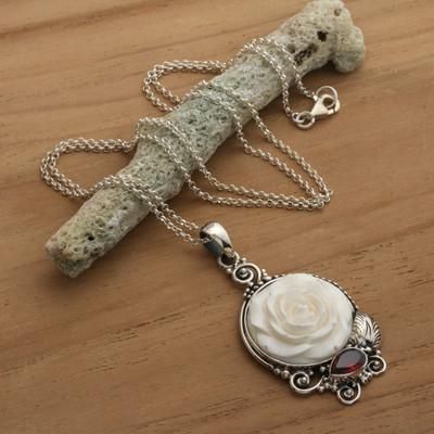 'Garnet and Silver Necklace with Hand-Carved Rose Pendant'