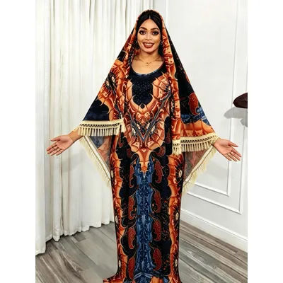 Plus Size Abaya Dubai Turkey Sequins Print Traditional Muslim Long Dress Middle East Traditional Robe With Matching Scarf,