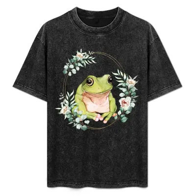 T-shirt de sport pour homme avec grenouille verte dans un cadre de couronne florale dorée
