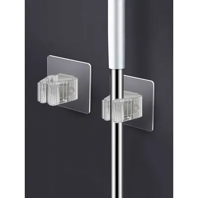 2pcs Perforated Transparent Mop Holder Clip Toilet Broom Storage Rack Wall Mounted Strong Hook