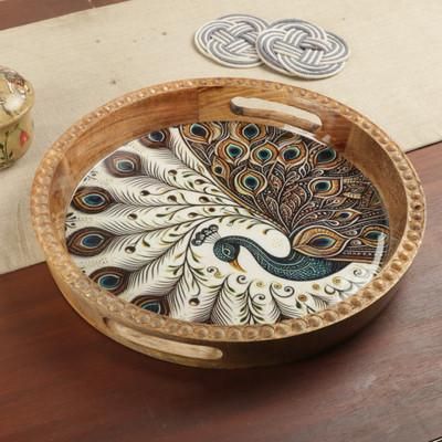 'Round Resin-Coated Mango Wood Tray with Peacock Theme'